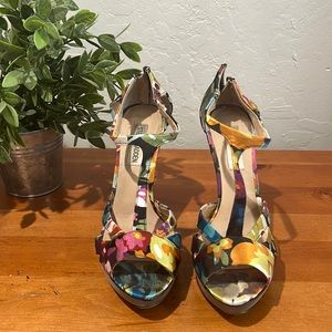 Steve Madden floral and black stiletto heels.
